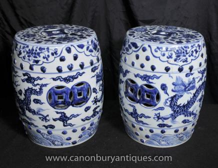 Pair Chinese Ming Blue and White Porcelain Garden Seats Stools Urns